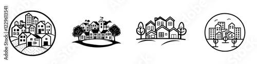 Exploring various urban and suburban landscape illustrations depicting houses and buildings in simple artistic style