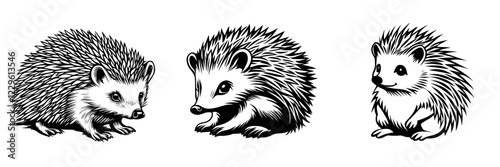 Intricate black and white illustrations of hedgehogs showcasing various poses and features