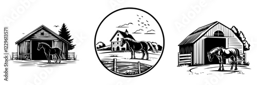 Artistic sketches of horses in various farm settings during daytime with traditional barns and rural landscape