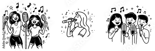 Group of friends singing joyfully at a karaoke night in a lively setting with cheerful decorations and fun atmosphere