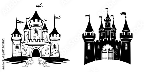 Designs of two enchanting castles with towers, flags, and intricate details in black and white