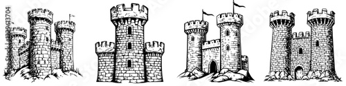 Illustrations of medieval castles with turrets and battlements drawn in detailed black and white style showcasing architectural features