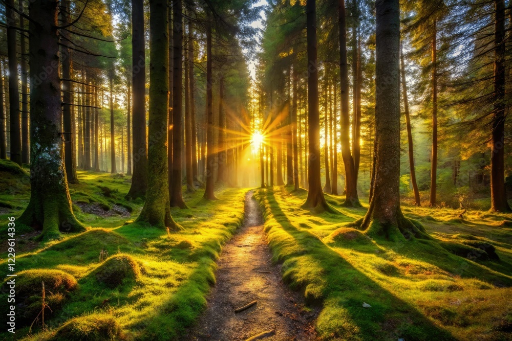 Fototapeta premium Golden hour paints dark woods, a mystical forest path beckons at sunset.