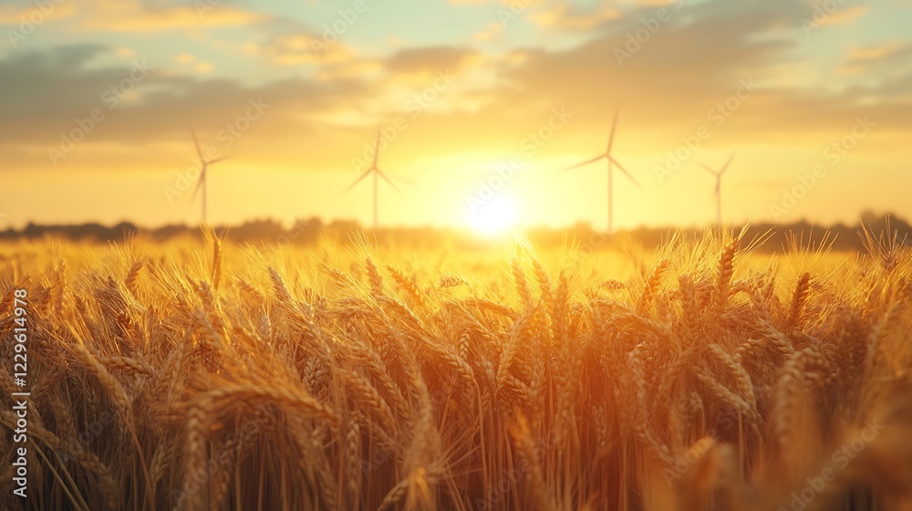 Fototapeta premium Wheat Field at Sunset with Wind Turbines