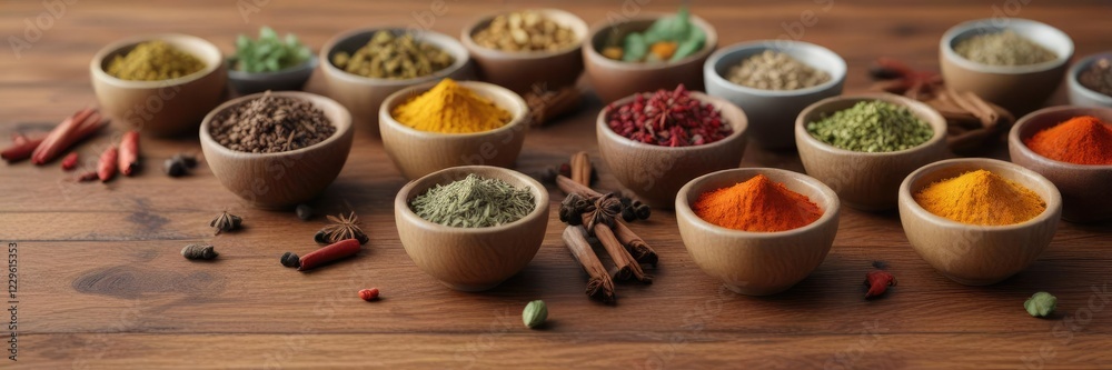 Spices arranged in small bowls on wooden surface, wooden surface, turmeric, black peppercorns, ingredient Spices arranged in small bowls on wooden surface, wooden surface, turmeric, black peppercorns, ingredient