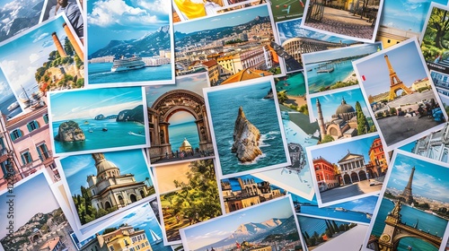 A collection of travel photographs stacked on top of each other. photo
