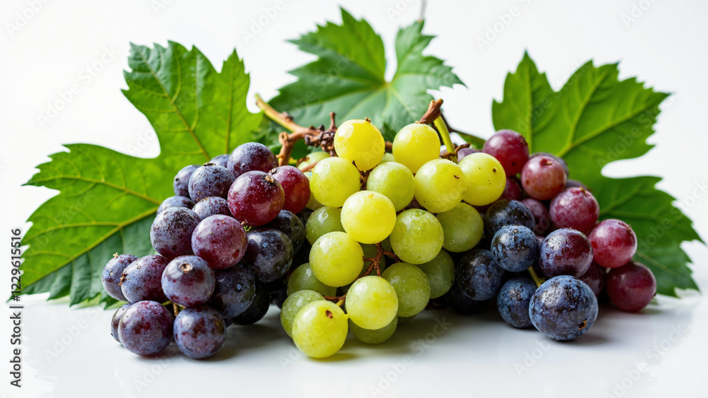 Vibrant Ripe Grapes and Lush Leaves on White Background for Wineries, Food Blogs, and Gourmet Packaging Design Vibrant Ripe Grapes and Lush Leaves on White Background for Wineries, Food Blogs, and Gourmet Packaging Design