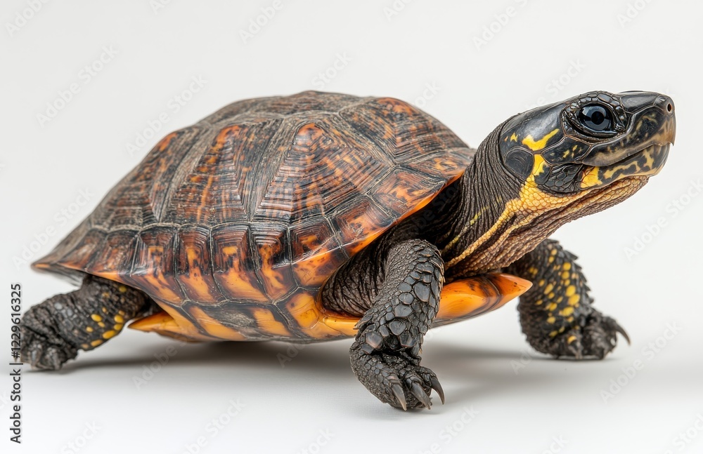 Close-up View of a Colorful Turtle Captured in a Studio Setting, Showcasing Intricate Patterns on Shell and Unique Features of the Reptile Close-up View of a Colorful Turtle Captured in a Studio Setting, Showcasing Intricate Patterns on Shell and Unique Features of the Reptile
