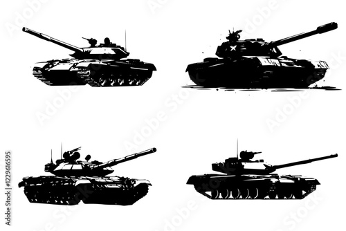 Tank, military, army, war, gun, vehicle, armored, weapon, battle, isolated, silhouette, machine, armor, cannon, armed, heavy, model, tanks, power, green, ship, vector, artillery, transportation, track