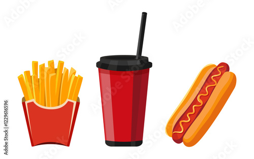 Fries, carbonated drink and hot dog Vector set of fast food isolated on white background