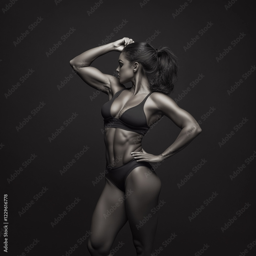Obraz premium fotoshooting, bodybuilding, fitness, athleth, sportler, bodybuildnerin, lowkey, schatten, frau, schönheit, körper, gestalten, leitbild, akt, damenunterwäsche, black, haar, dessous, glamour, sinnlichke