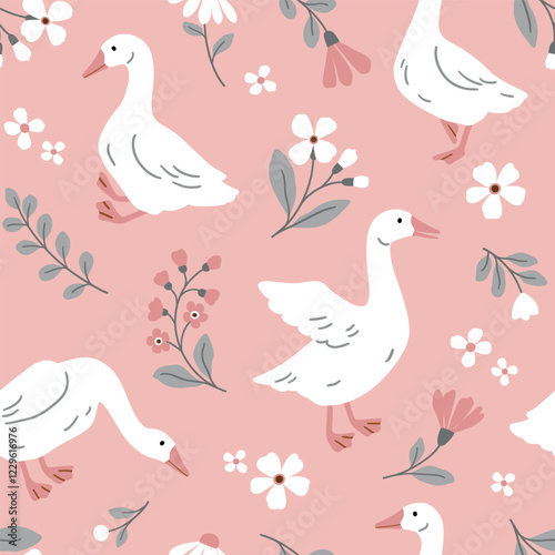 Seamless vector pattern with white goose on floral background. Hand drawn cute Easter goose pattern. Perfect for textile, wallpaper or nursery print design.