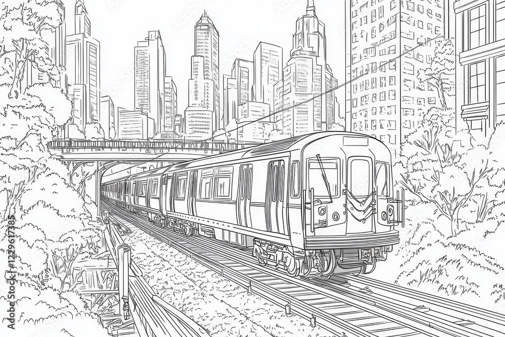 Fototapeta premium Urban Train Sketch: Cityscape Illustration