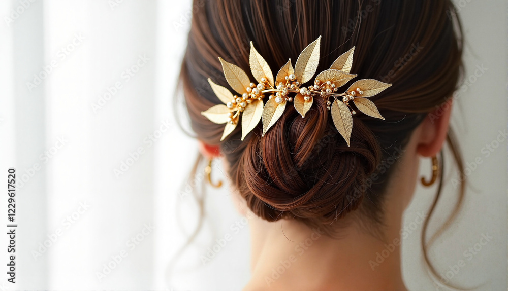 Naklejka premium Delicate gold leaf hair pin on styled hair, pure white setting, extreme close-up highlights leaf intricacy