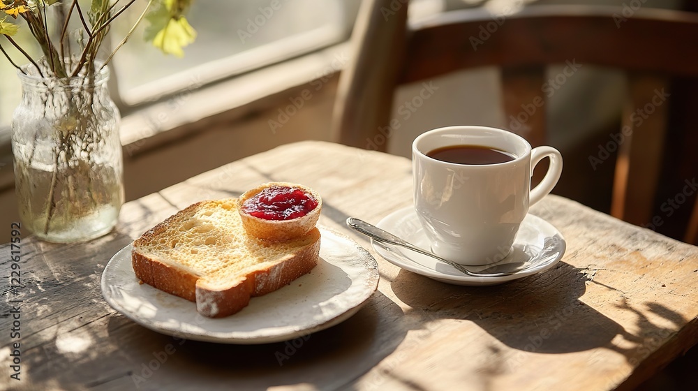 Sunny cafe breakfast toast, jam, coffee, flowers Sunny cafe breakfast toast, jam, coffee, flowers