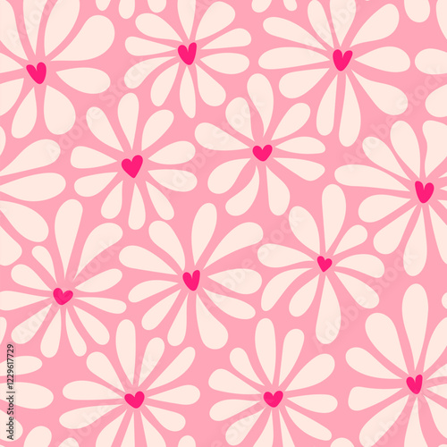 Vector groovy style chamomile seamless pattern. Pink flowers with a red heart shaped core. Floral retro print for Valentines day wallpaper, fashion print design, fabric, decor, textile, background.