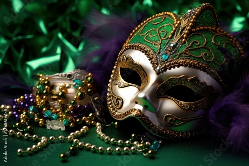 Elegant mardi gras mask with colorful beads, evoking the festive spirit of new orleans photo