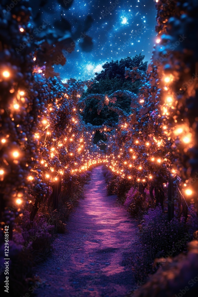Magical night path lit by warm lights.