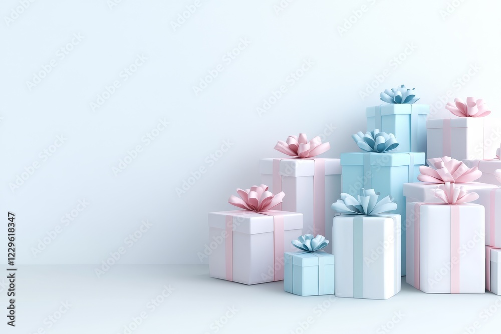 gift boxes of different pastel colors with ribbon and bow isolated on white background