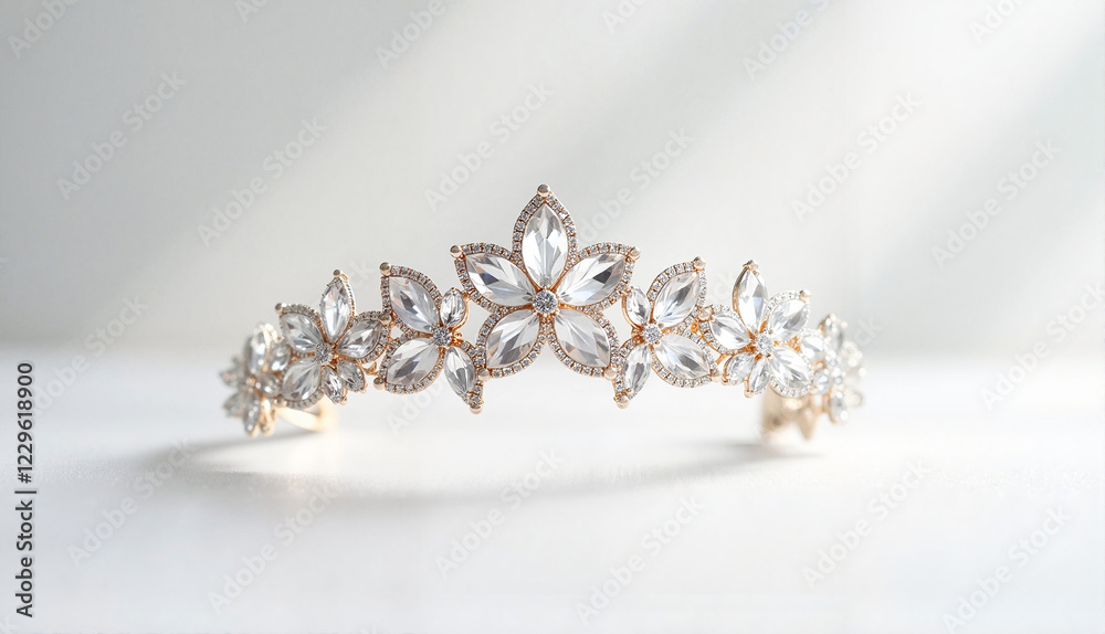 Fototapeta premium Crystal tiara with floral details in soft lighting on white background, highlighting sparkle
