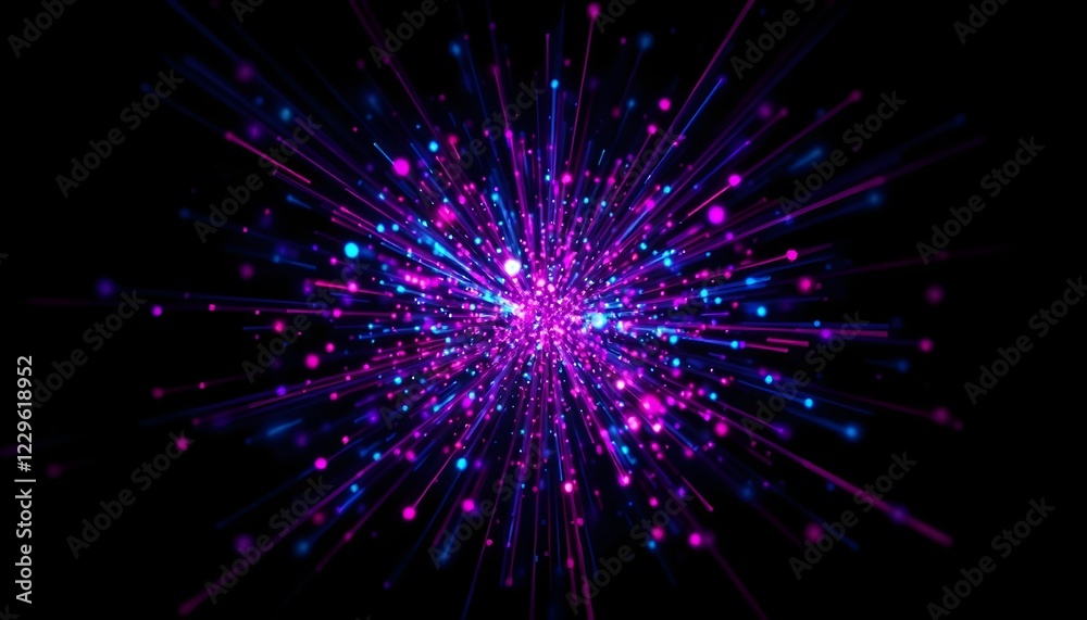 A dynamic abstract visualization of colorful particles and light trails radiating outward, showcasing vibrant hues of blue, purple, and pink against a dark background, creating a sense of depth and mo A dynamic abstract visualization of colorful particles and light trails radiating outward, showcasing vibrant hues of blue, purple, and pink against a dark background, creating a sense of depth and mo