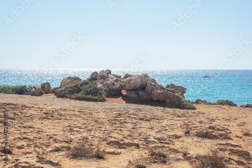 Ayia Napa wild nature landscape. Rocky seashore view in summer.