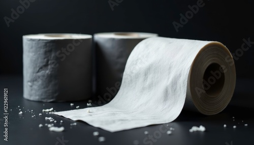 Three grey toilet paper rolls on a black surface with scattered wipes, wipe, homeorganization, bathroomaccents photo