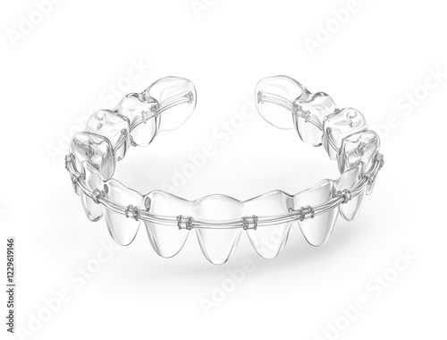 In an invisible orthodontic brace on a white background, front view. Inflatable, transparent dental braces for teeth straightening. Isolated dental clear teenager's crown with orthodontic braces,  photo