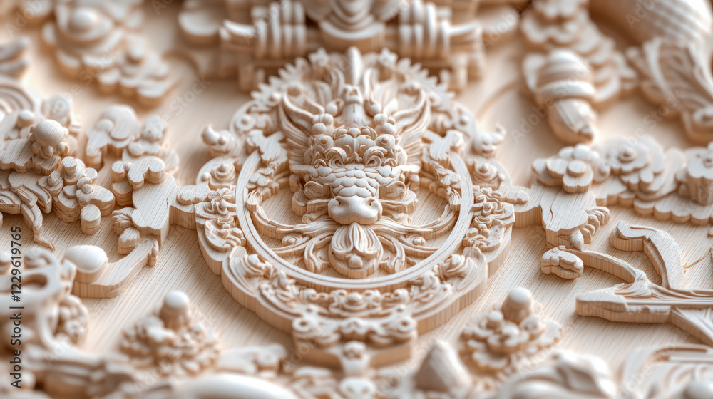 Obraz premium Intricate Wooden Dragon Relief: Asian-Inspired Carving Detail