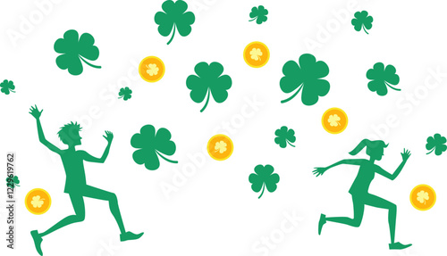 Happy and joyful young people running among flying gold coins and clover leaves. Saint Patrick's day celebration. Vector illustration with transparent background.