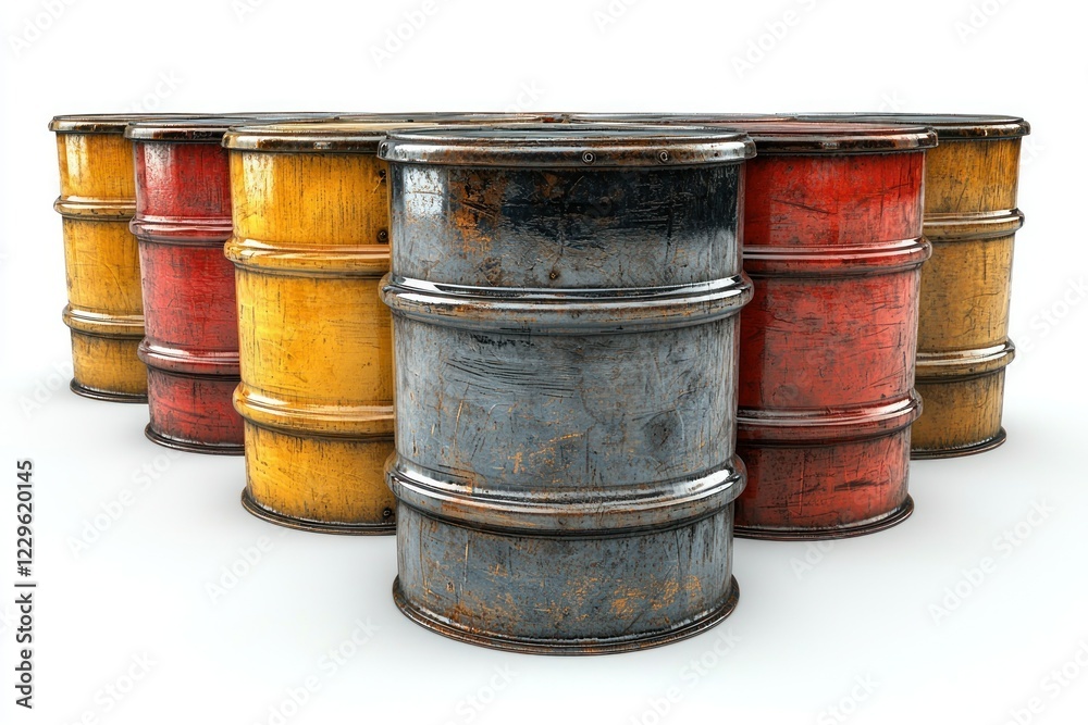 Rusty, colorful barrels stacked on white background Rusty, colorful barrels stacked on white background