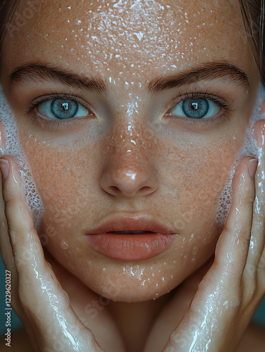 Nahaufnahme eines nassen Gesichts mit Wassertropfen. Natürlicher Beauty-Look, strahlend blaue Augen und frische Ausstrahlung photo