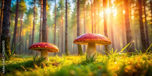 Long exposure captures ethereal meadow bathed in soft light, showcasing emetic Russula fungi. photo