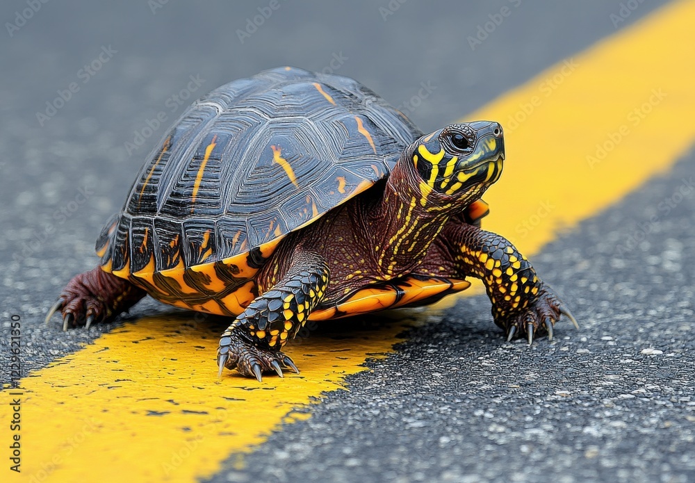 Obraz premium Colorful turtle crossing a yellow striped road, showcasing its vibrant shell pattern and intricate details while navigating urban habitat challenges