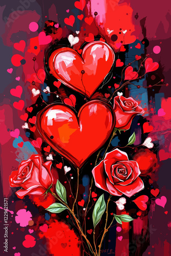 Abstract My Beautiful Valentine Image Series - 3D Love Depicted in Red Roses and Hearts Arrangement