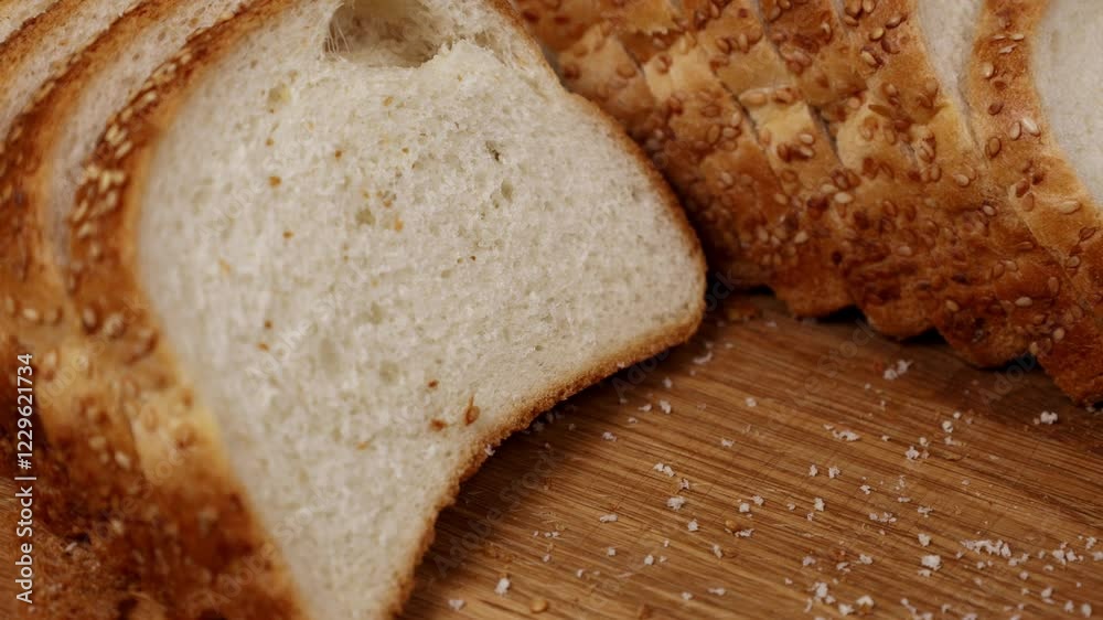 Freshly baked sesame bread sliced to perfection, showcasing a golden crust and soft interior in a cozy kitchen setting time lapse