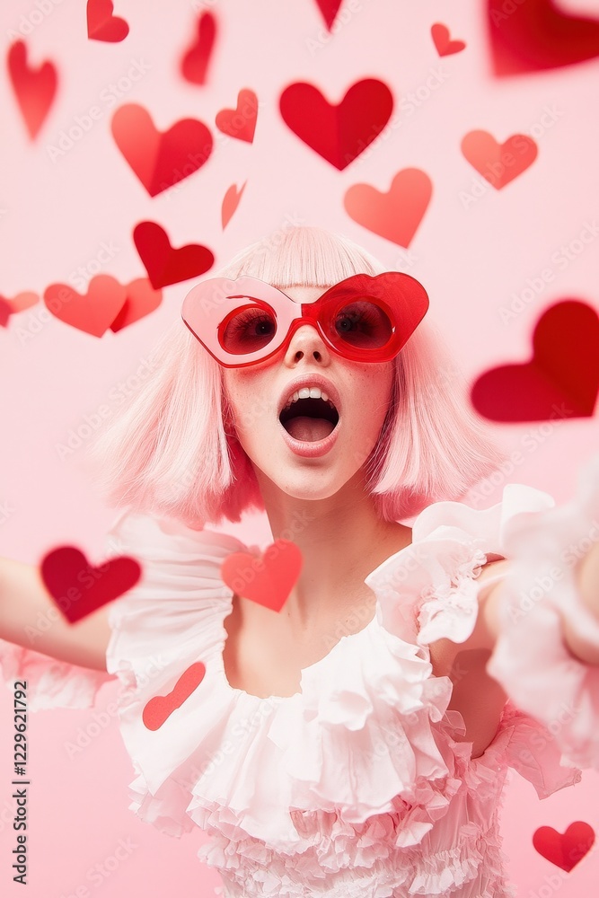 Girl in pink wig with heart-shaped sunglasses celebrating love, surrounded by red paper hearts on a pastel background. Joyful expression and playful mood. Girl in pink wig with heart-shaped sunglasses celebrating love, surrounded by red paper hearts on a pastel background. Joyful expression and playful mood.