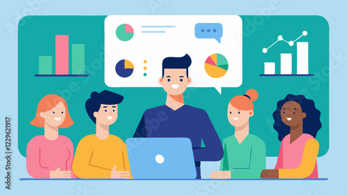 Virtual Workshop A group of animated characters participating in a virtual workshop led by a finfluencer with charts and infographics being shared on a shared screen.