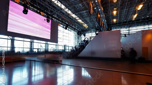 Timelapse trade show atmosphere with vendors and attendees, reflecting the professional spirit of business events, suitable for advertisements or marketing campaigns.