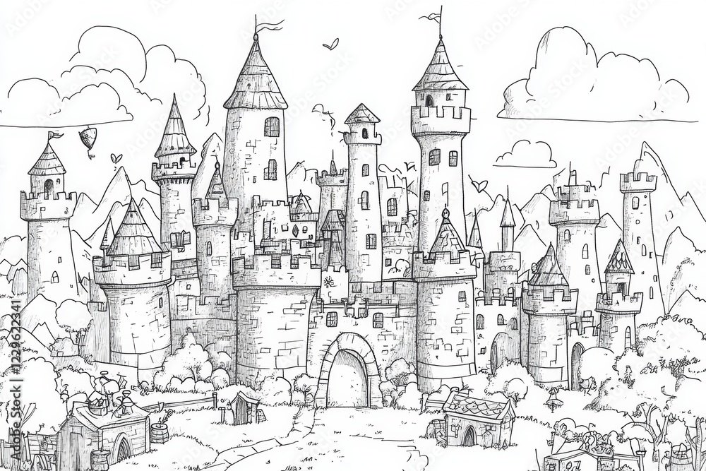 Enchanted Castle Drawing - Majestic Fortress Illustration Enchanted Castle Drawing - Majestic Fortress Illustration