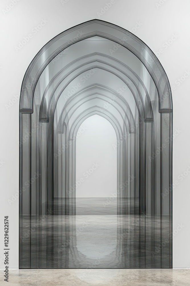 Fototapeta premium Glass archway hallway, modern minimalist design, reflective floor.