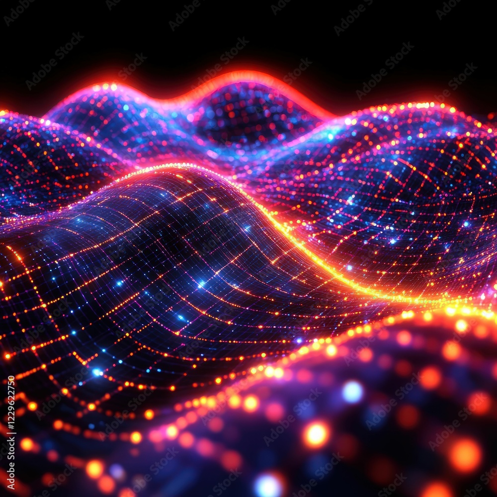 Abstract glowing grid waves, vibrant colors, digital art.