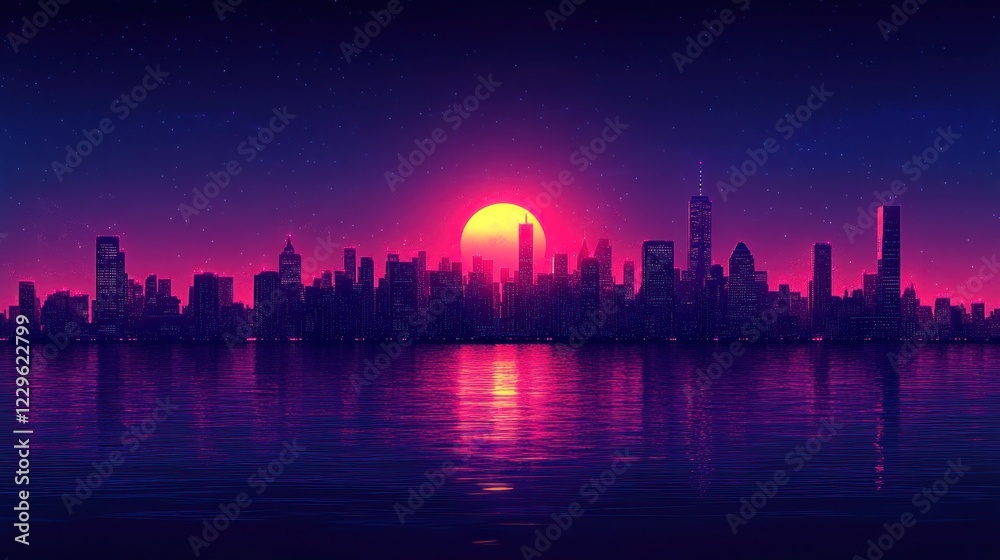 Retro city sunset skyline, water reflection, starry night, digital art, wallpaper Retro city sunset skyline, water reflection, starry night, digital art, wallpaper