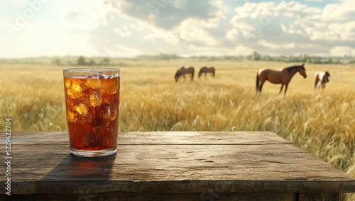 Refreshing Iced Tea in a Rustic Setting: Horses Grazing in a Golden Field photo