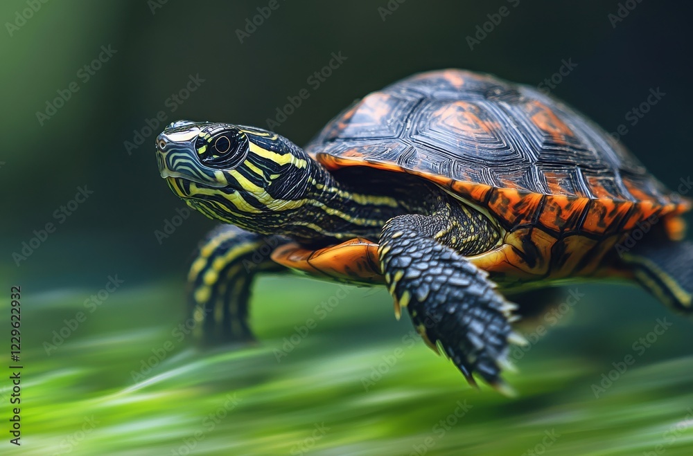 Colorful turtle swimming gracefully through vibrant underwater vegetation with clear blue water background in serene aquatic habitat Colorful turtle swimming gracefully through vibrant underwater vegetation with clear blue water background in serene aquatic habitat