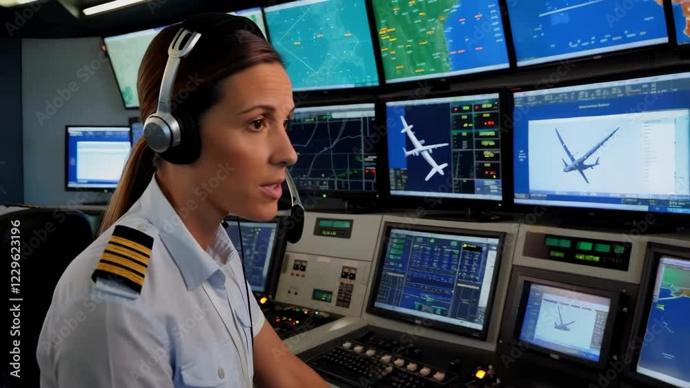 Air traffic controller monitors flight navigation on multiple screens in hightech control room