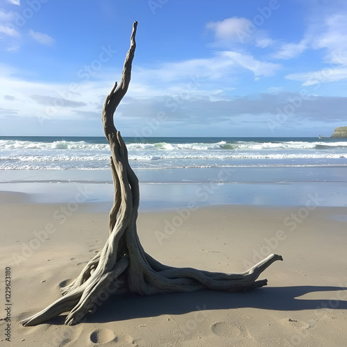 Driftwood scupture on the beach at  Kina Beach, Tasman, New Zealand. photo