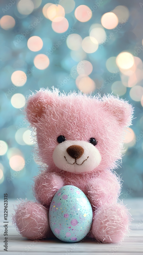 Fototapeta premium Studio shot of a cute pink teddy with a chocolate Easter egg. Ethereal bokeh background