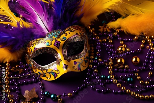 Yellow mardi gras mask with feathers and colorful beads on purple background is perfect for carnival party photo