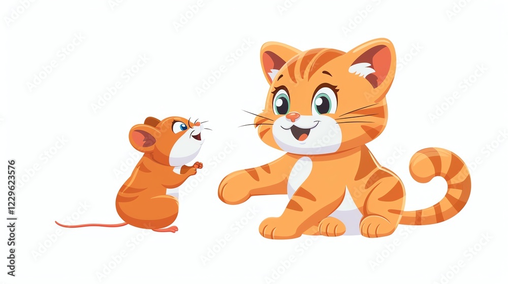 A cartoon cat and mouse are looking at each other. A cartoon cat and mouse are looking at each other.